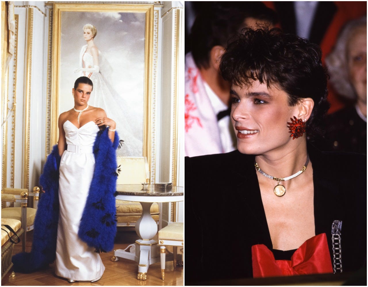 Princess Stéphanie left pictured in a white gown posing in front of a portrait of her mother Grace Kelly and right in the audience of a circus festival in Monaco.