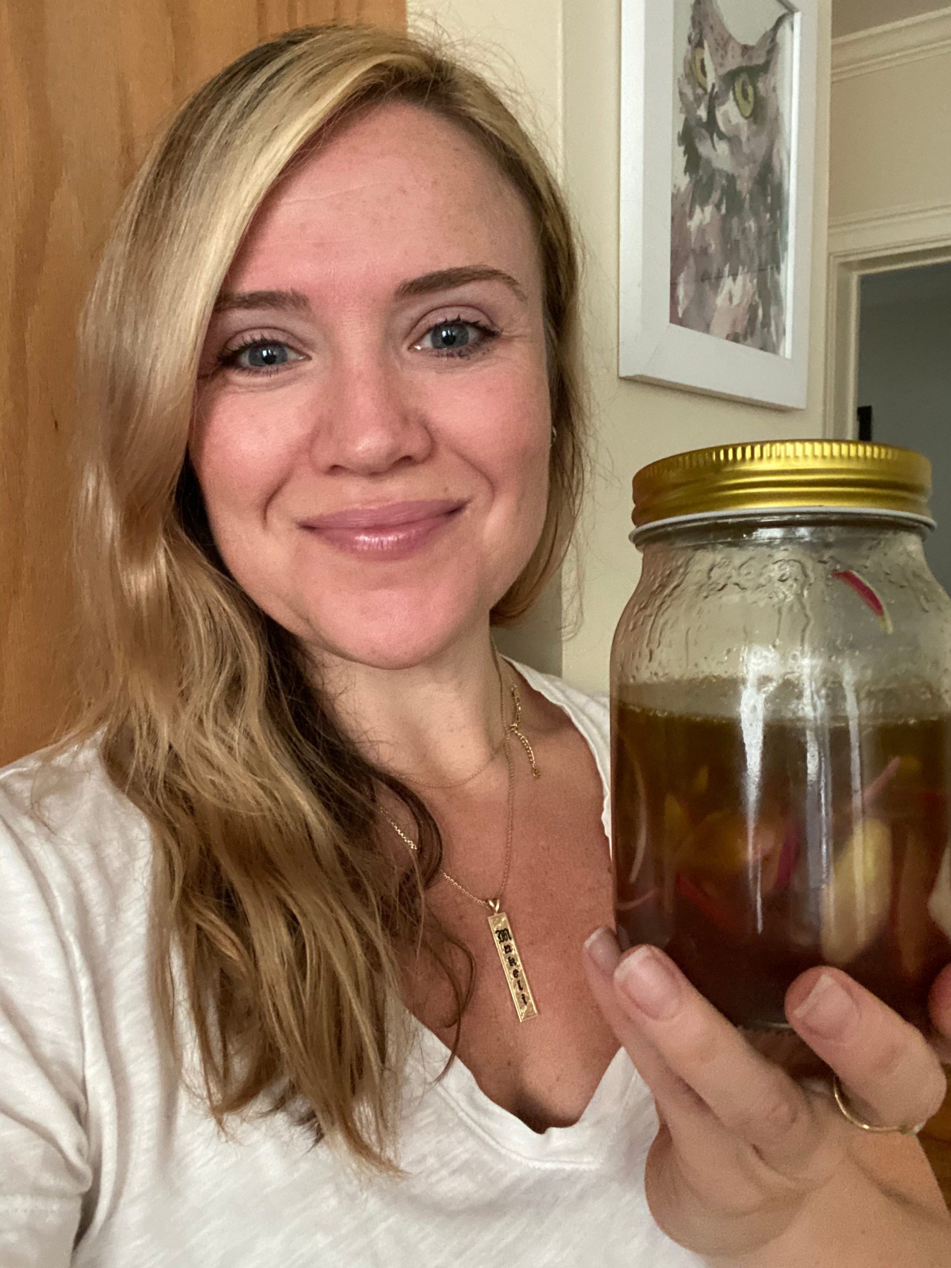 The author with the jar of vinaigrette