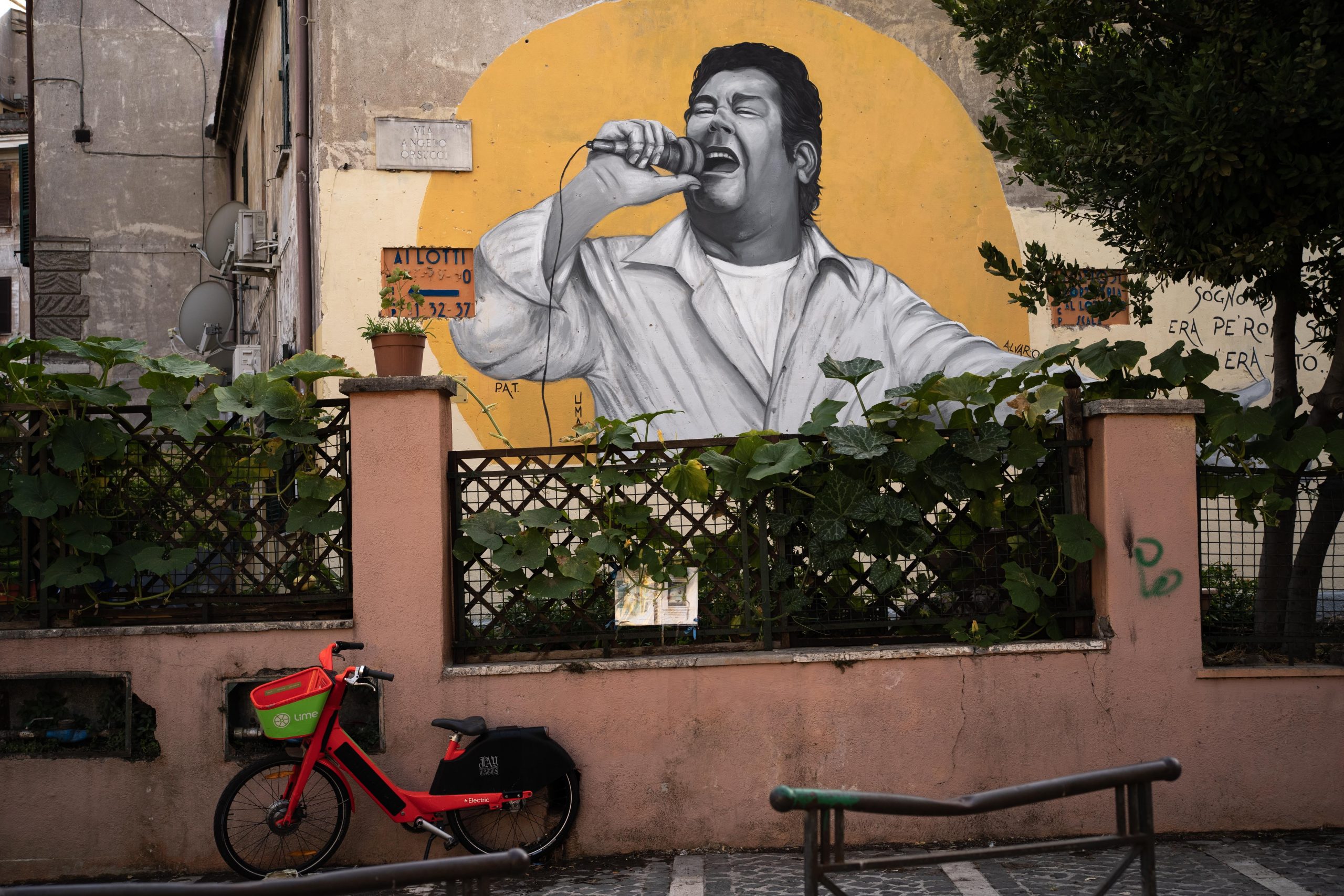 A mural of a man singing passionately into a microphone by the side of the road.
