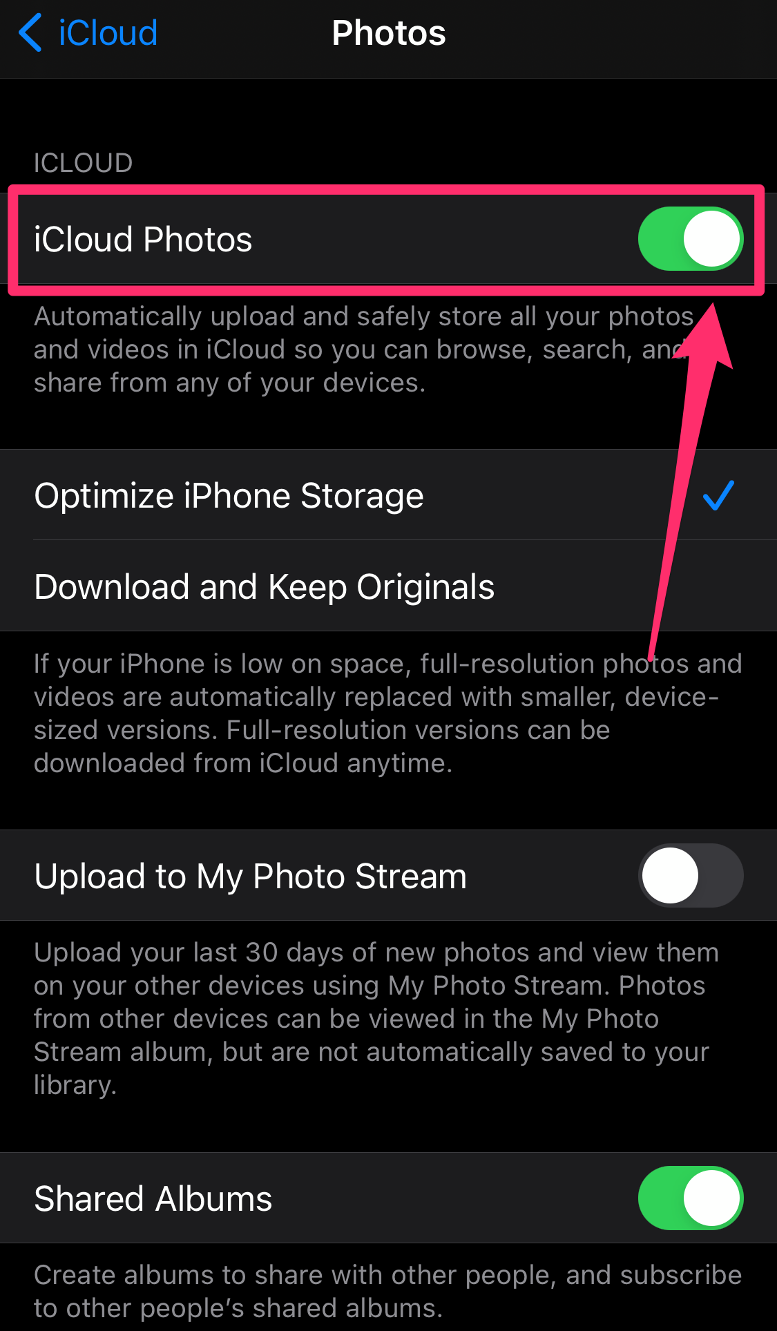 Screenshot of Photos page in iPhone Settings app