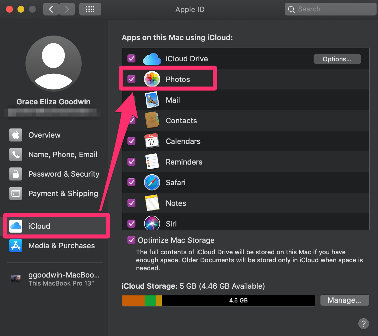 Screenshot of "Photos" button on iCloud page of Mac System Preferences