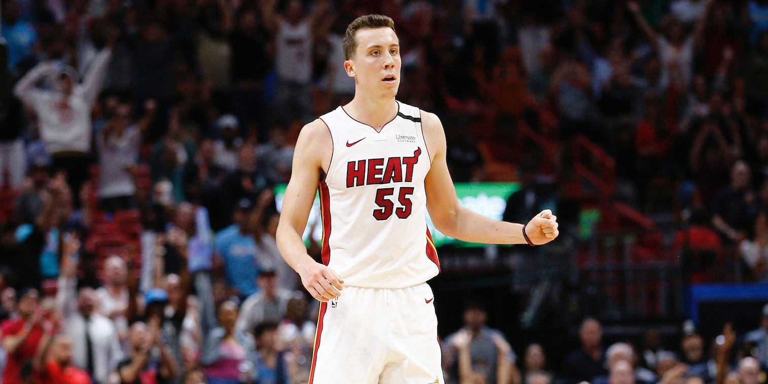 Duncan Robinson reacts on the court during an NBA game in 2019.