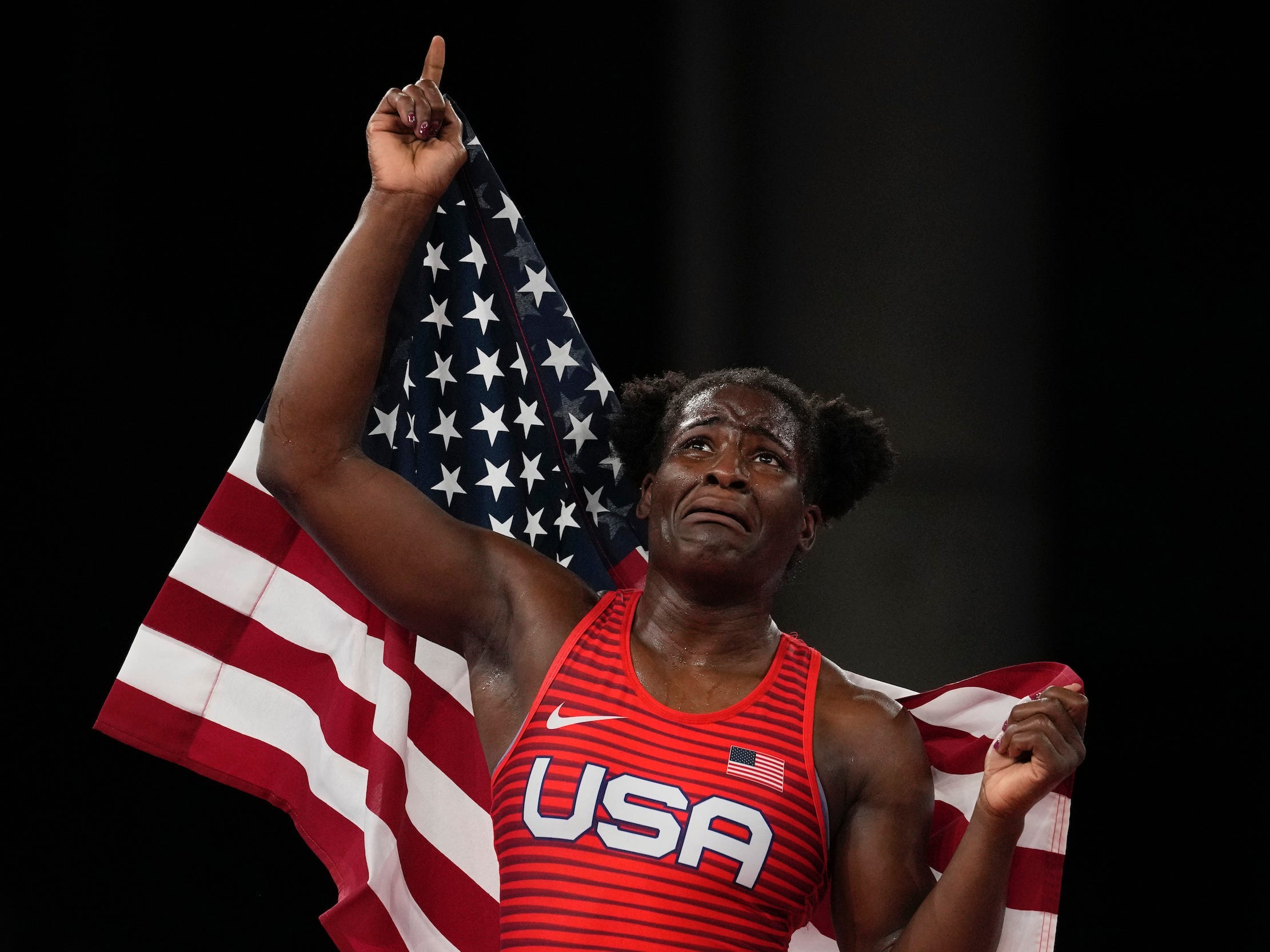 Tamyra Mensah-Stock reacts to winning wrestling gold for the United States.