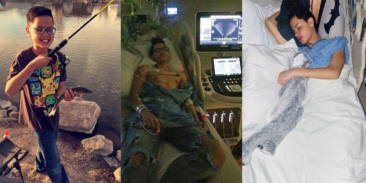 abie with a fishing pole / abie laying in a hospital bed