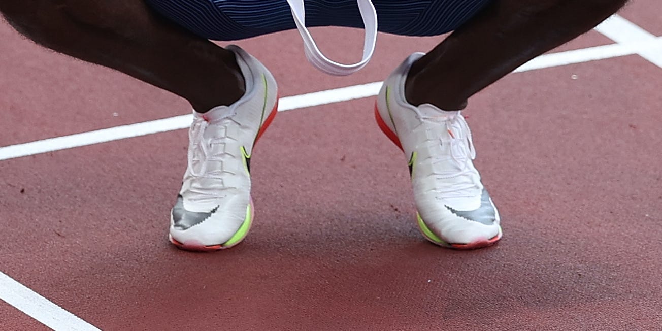 Rai Benjamin's Nike running shoes during the Tokyo Olympics