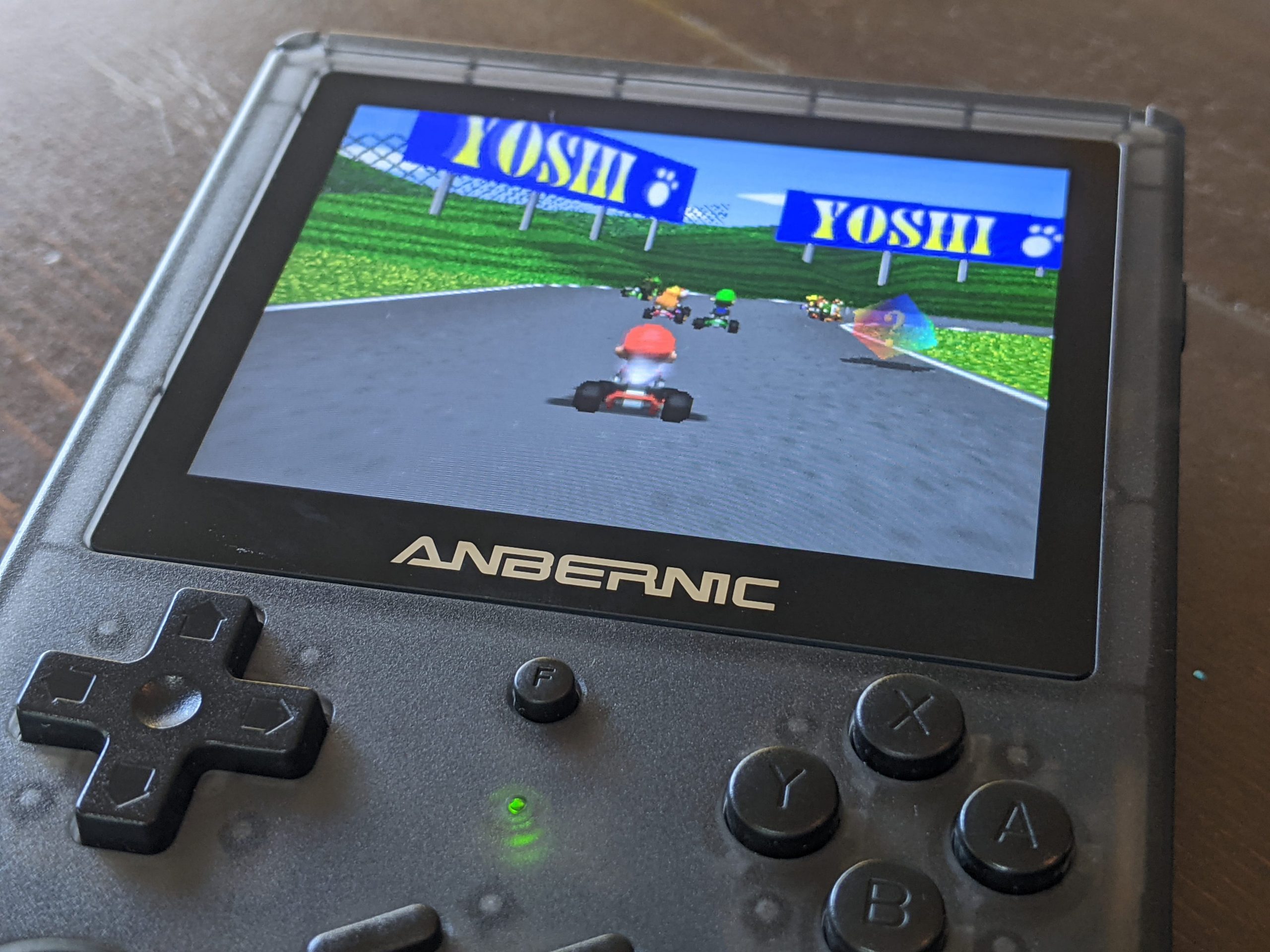 The Anbernic gaming handheld, a Chinese-made Game Boy knockoff with pirated Nintendo games that's sold on Amazon.