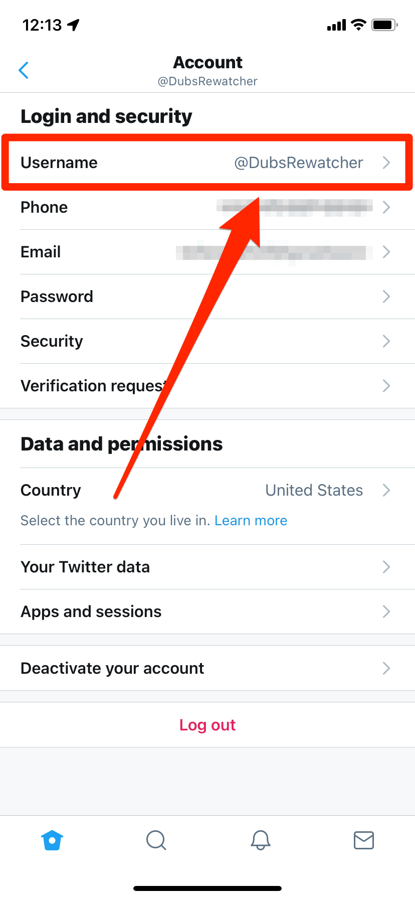 The Login and security menu of the Twitter app, with the "Username" option highlighted.