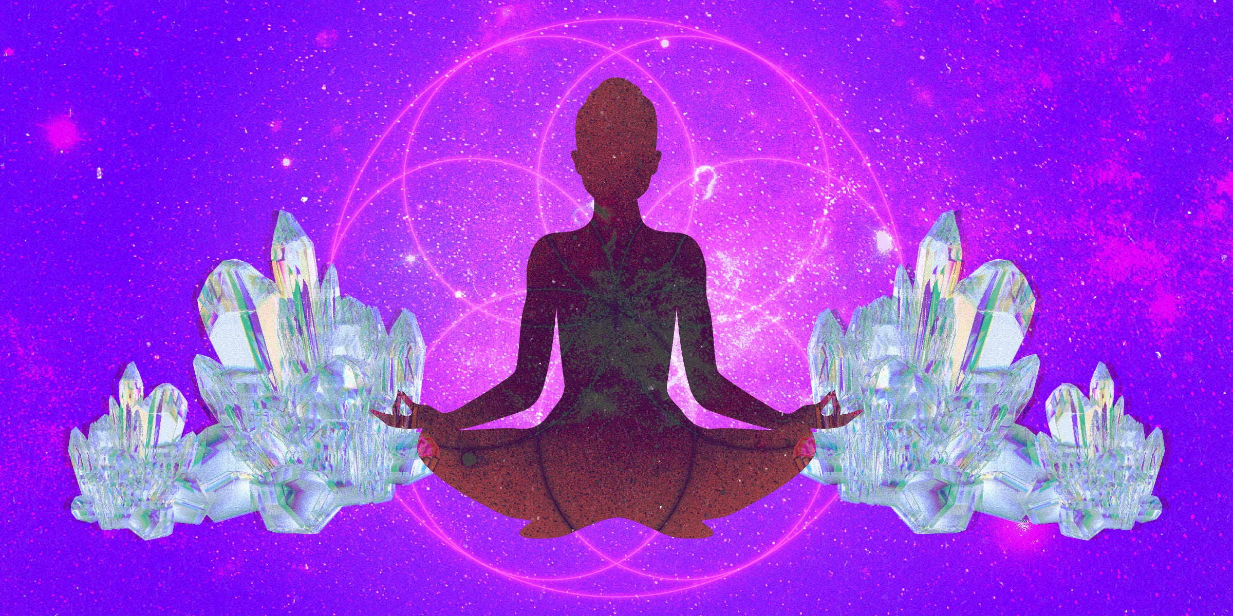 Silhouette of woman in lotus position with crystals on her sides. The Love Has Won cult emblem is behind her on purple tinted galaxy background.