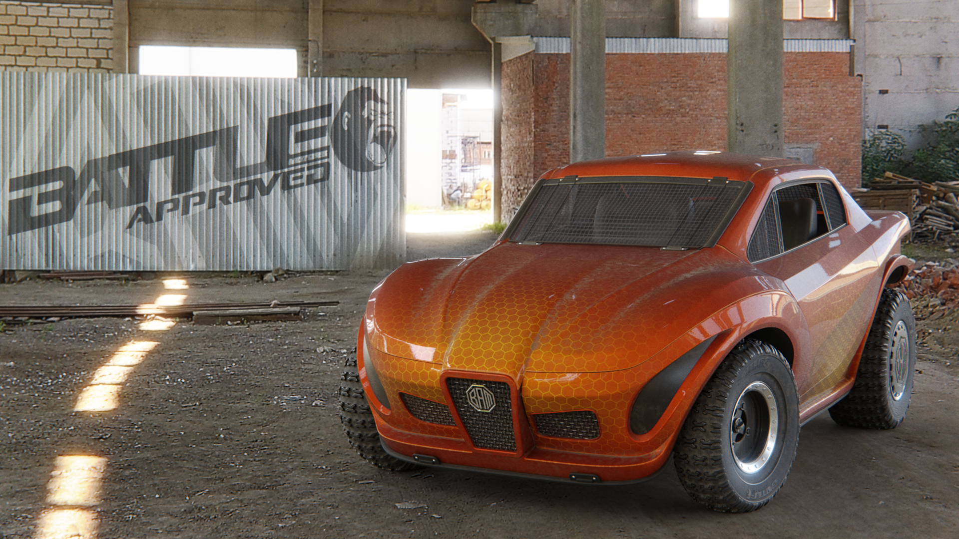The orange Battle Approved Motors racing r101 model.