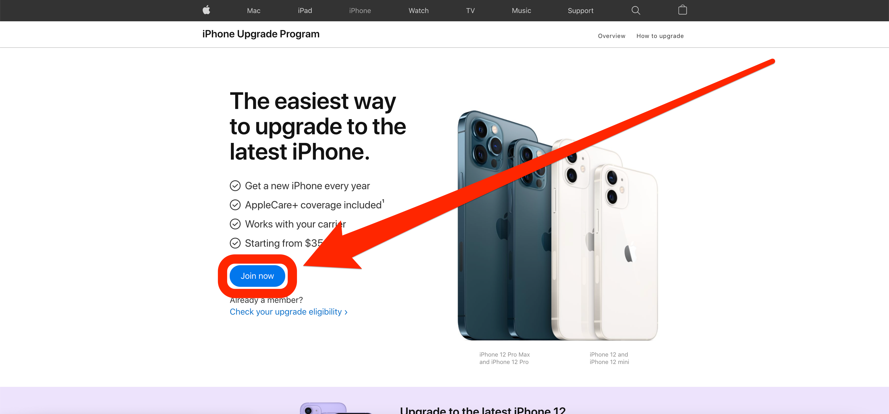 A page explaining the iPhone Upgrade Program. The "Join Now" button is highlighted.