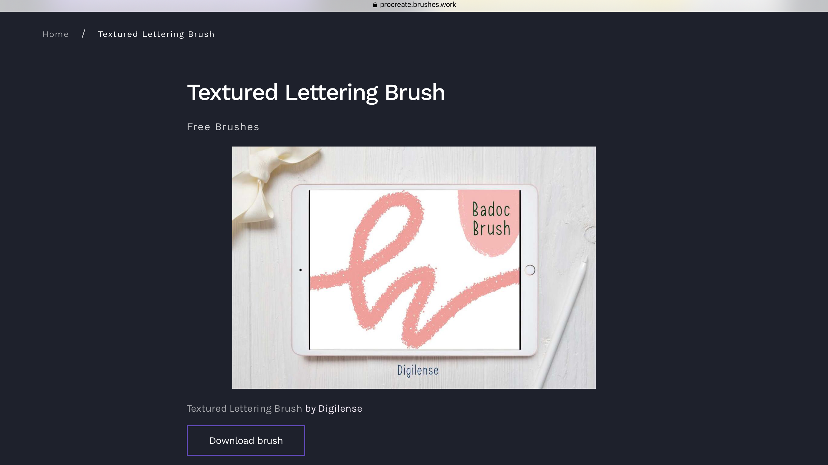 A webpage showing a "Textured Lettering Brush" that can be downloaded.