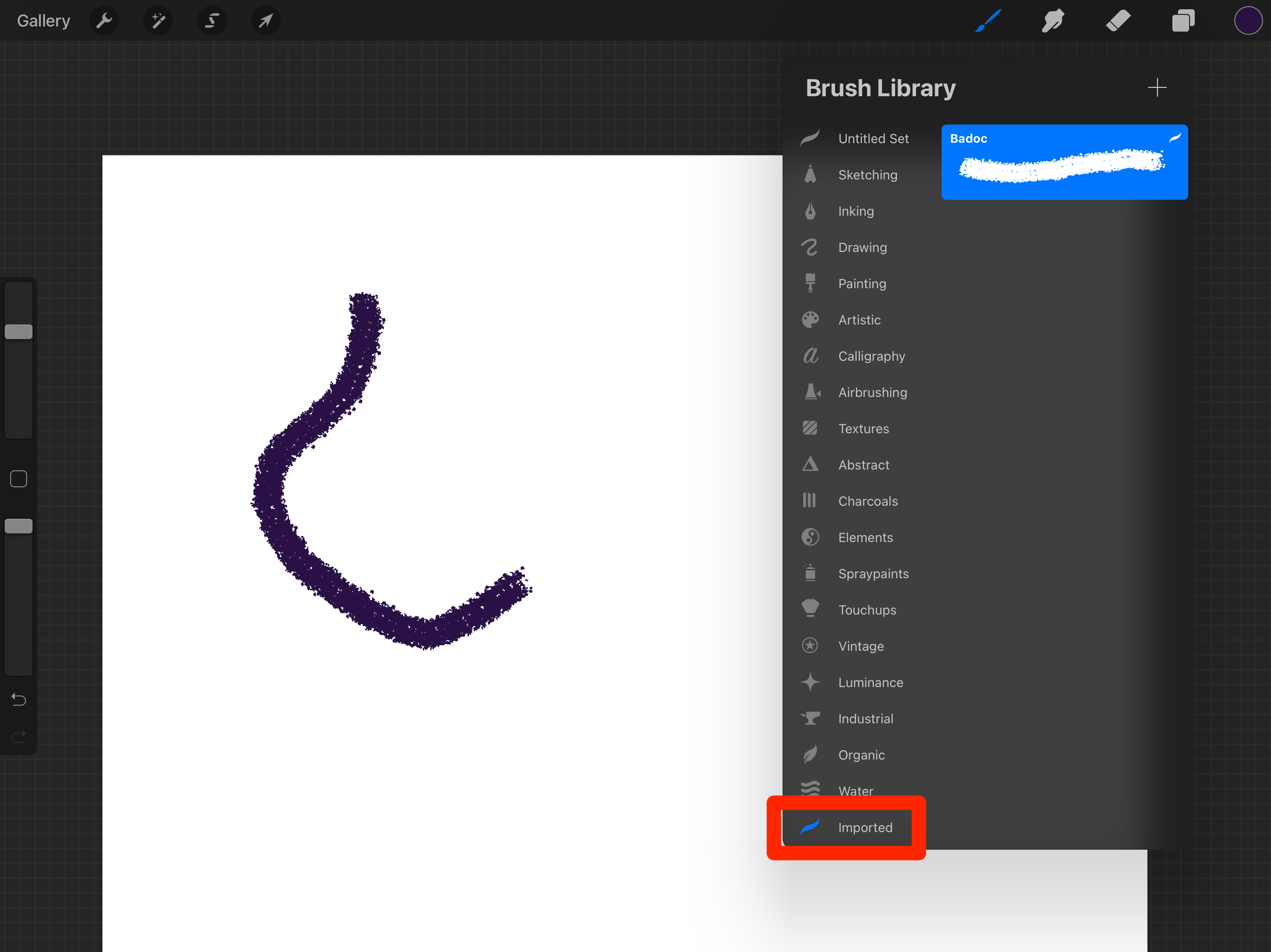 The Procreate app on an iPad. A line has been scribbled on the canvas, and the Brushes menu is opened, with the "Imported" section highlighted.q