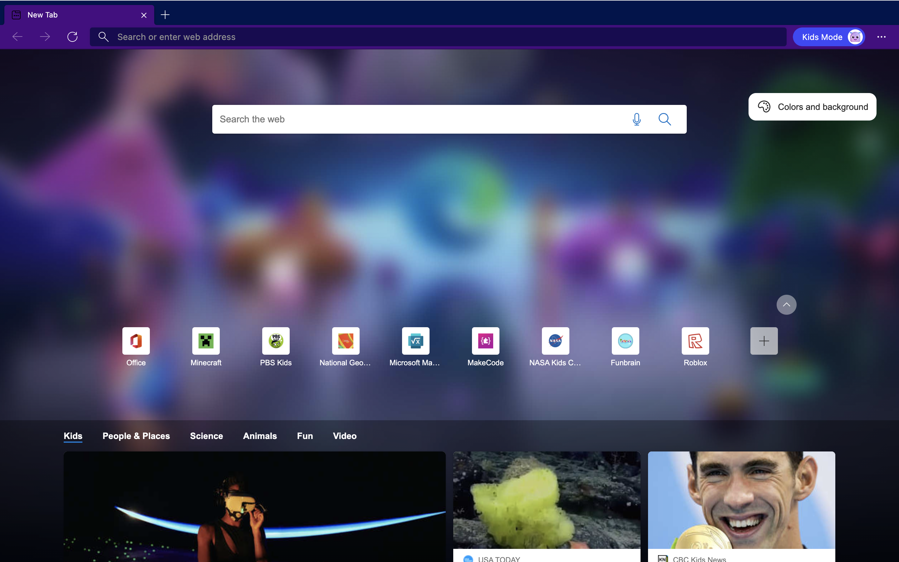 The Microsoft Edge Kids Mode homepage.