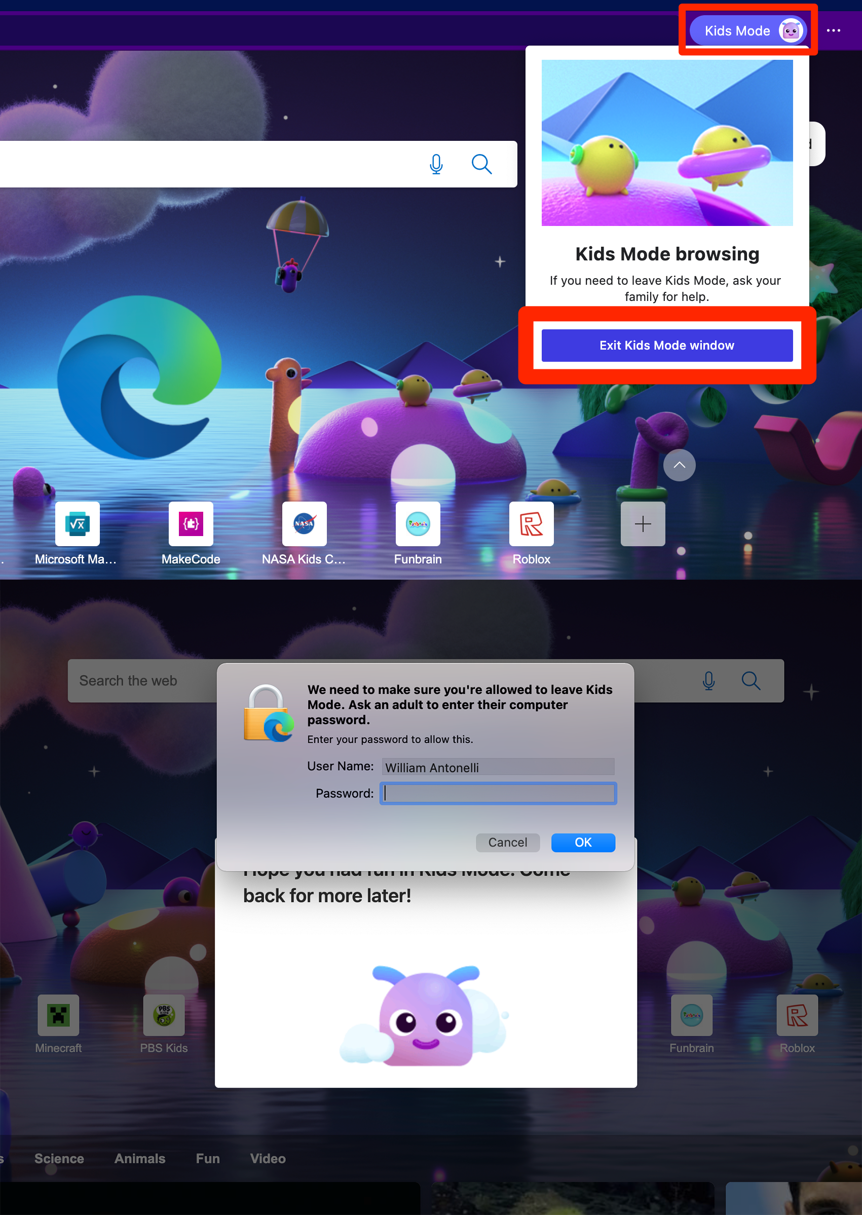 Two screenshots stacked on top of each other. The top screenshot shows the menu that lets you exit Kids Mode; the bottom screenshot shows a pop-up asking the user to enter their computer username and password.