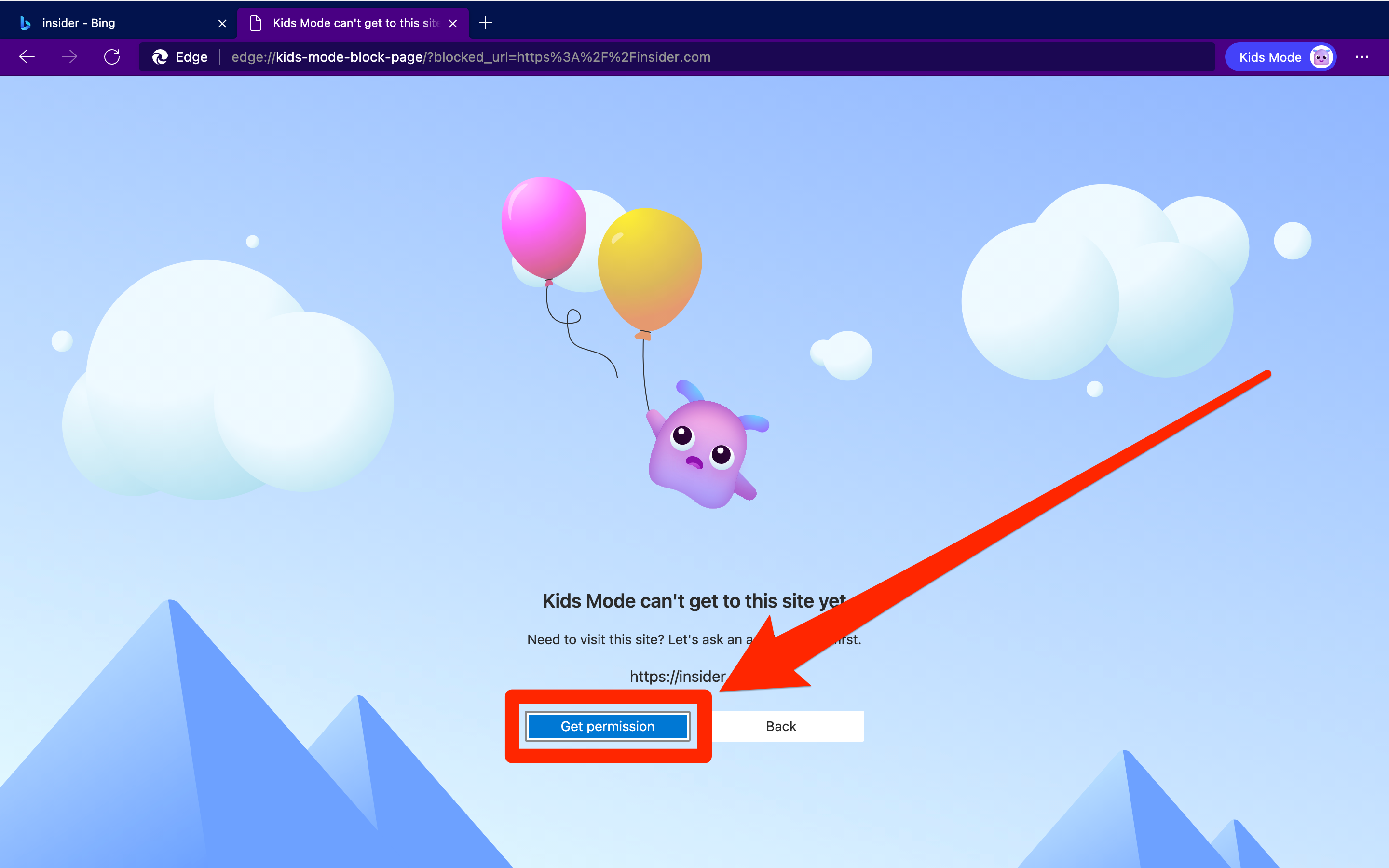 A Microsoft Edge page with a cartoon character holding onto two balloons. Text on the page says that this page isn't allowed yet, and the "Get allowed" option is highlighted.