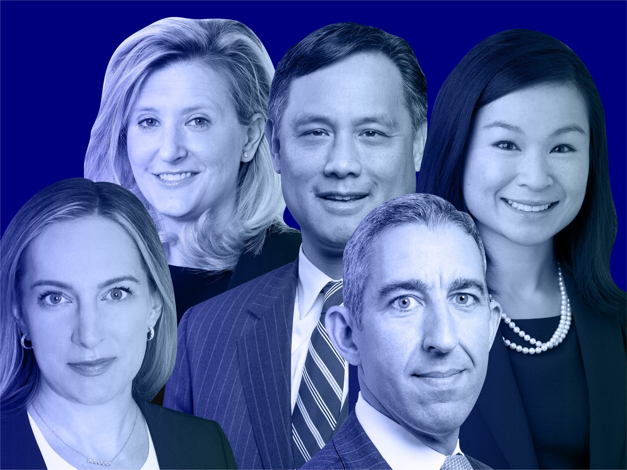 From left: Lauren Basmadjian of Carlyle Group, Lauren Law of Octagon Credit, Eugene Ferrer of Paul Hastings, Rob Zable of Blackstone, and Rachel Russell of Morgan Stanley against a blue background.