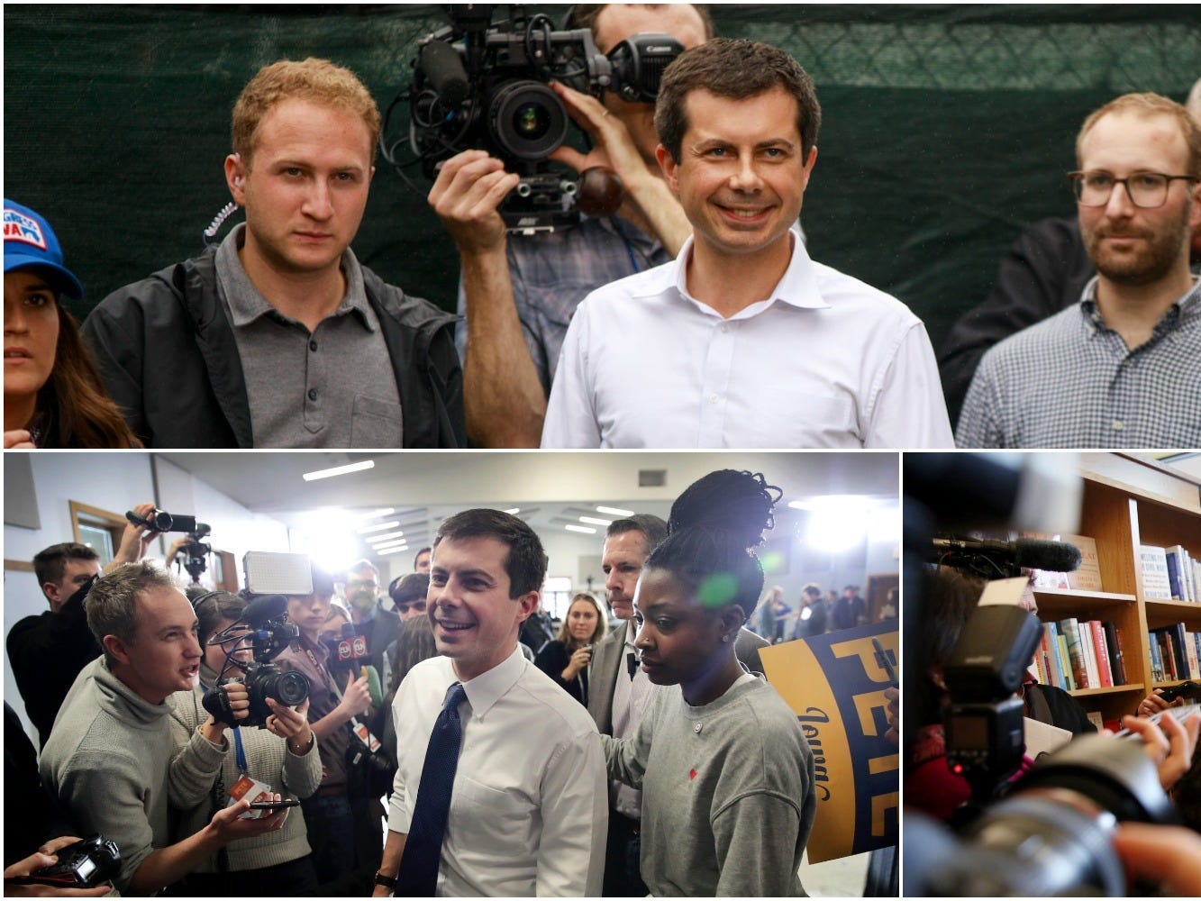 A collage of three pictures showing Pete Buttigieg with his campaign staffers and reporters in 2020.