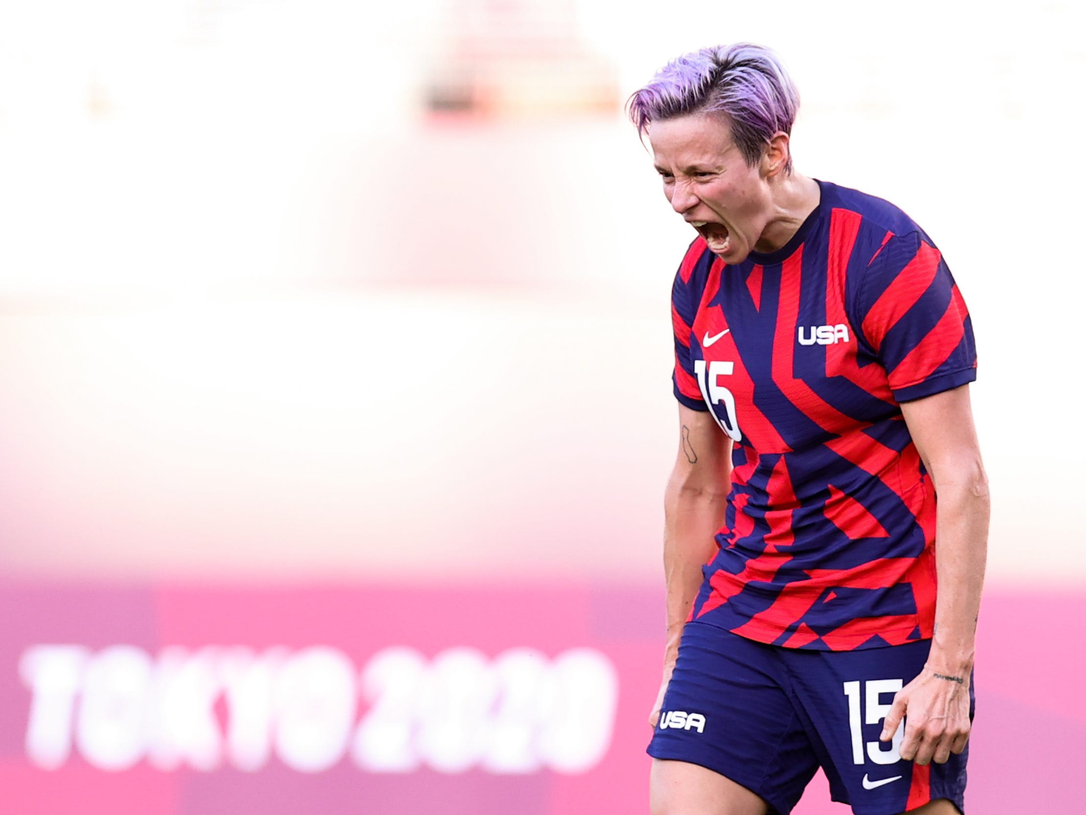 Megan Rapinoe celebrates scoring her second goal against Australia.