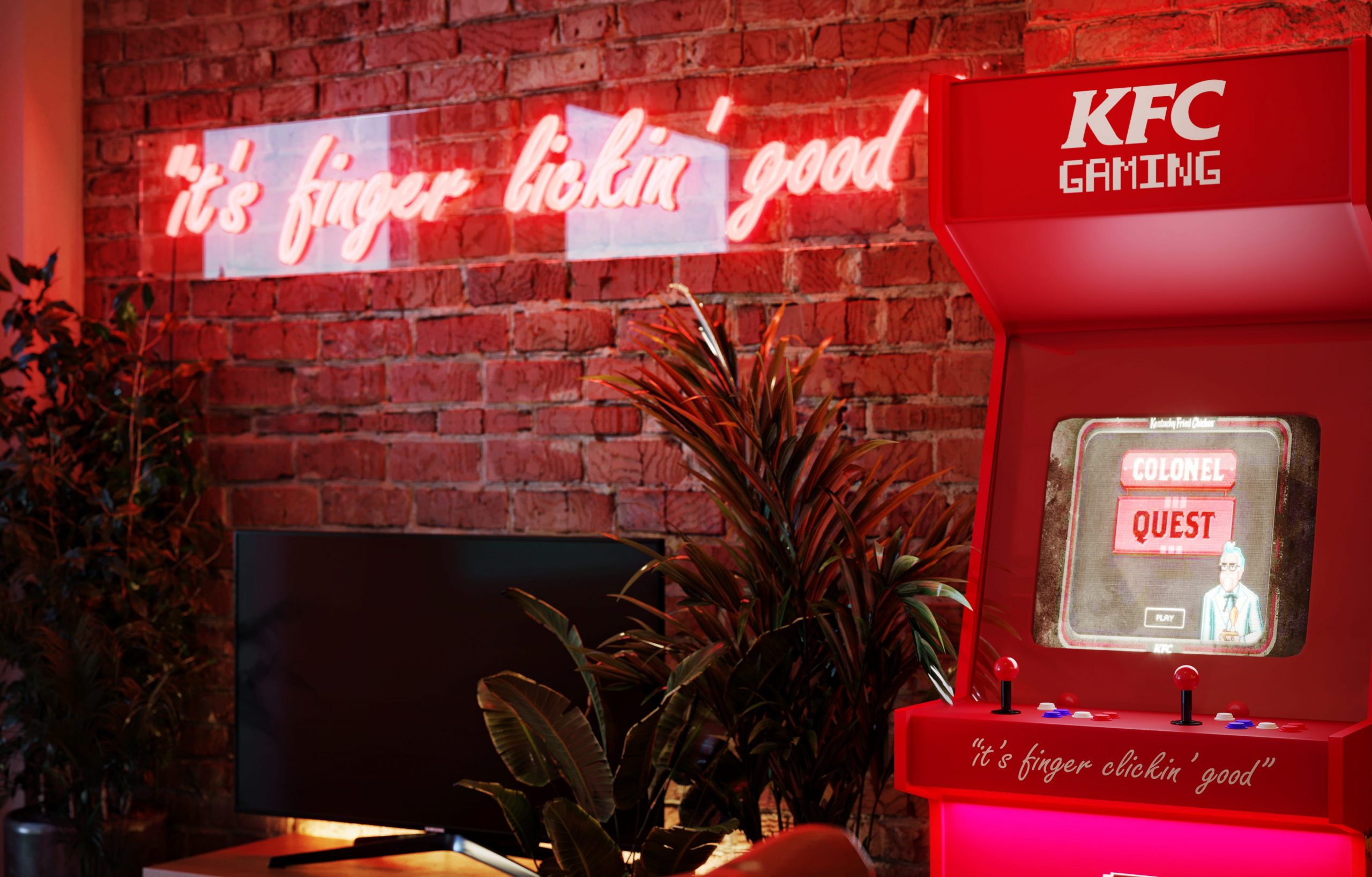 A red KFC-themed arcade machine stands next to a brick wall with an "It's finger lickin' good" sign written in neon lights.