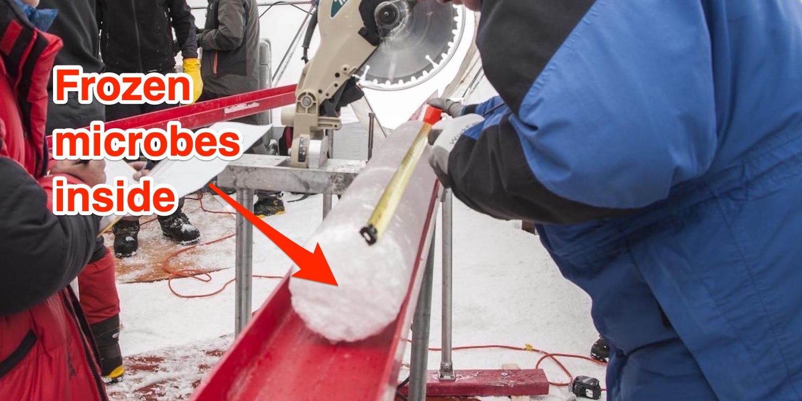 The annotation "Frozen microbes inside" points to the ice core, two people in coats are around it