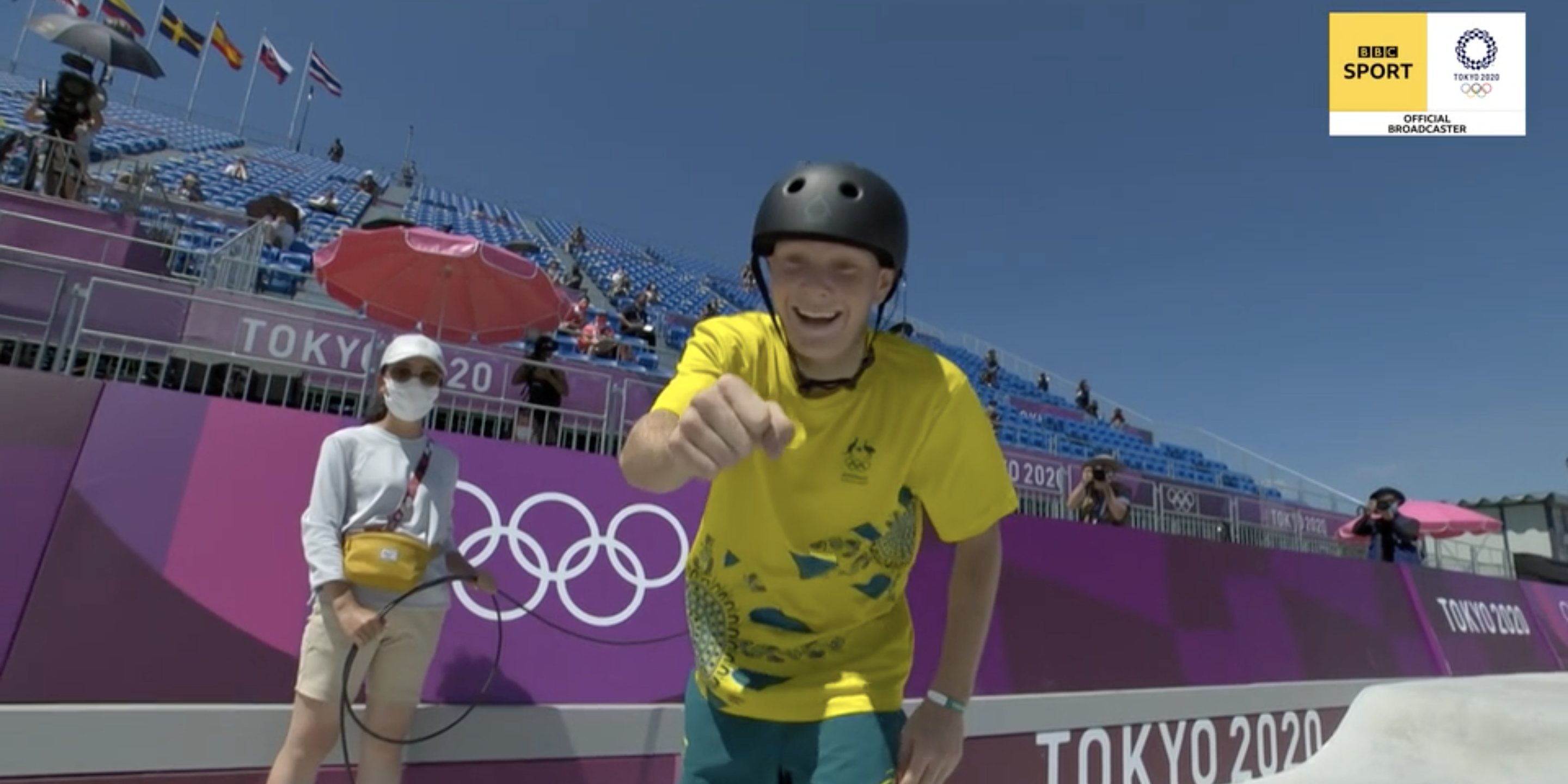 Skater Kieran Woolley crashes into a cameraman at the Tokyo Games