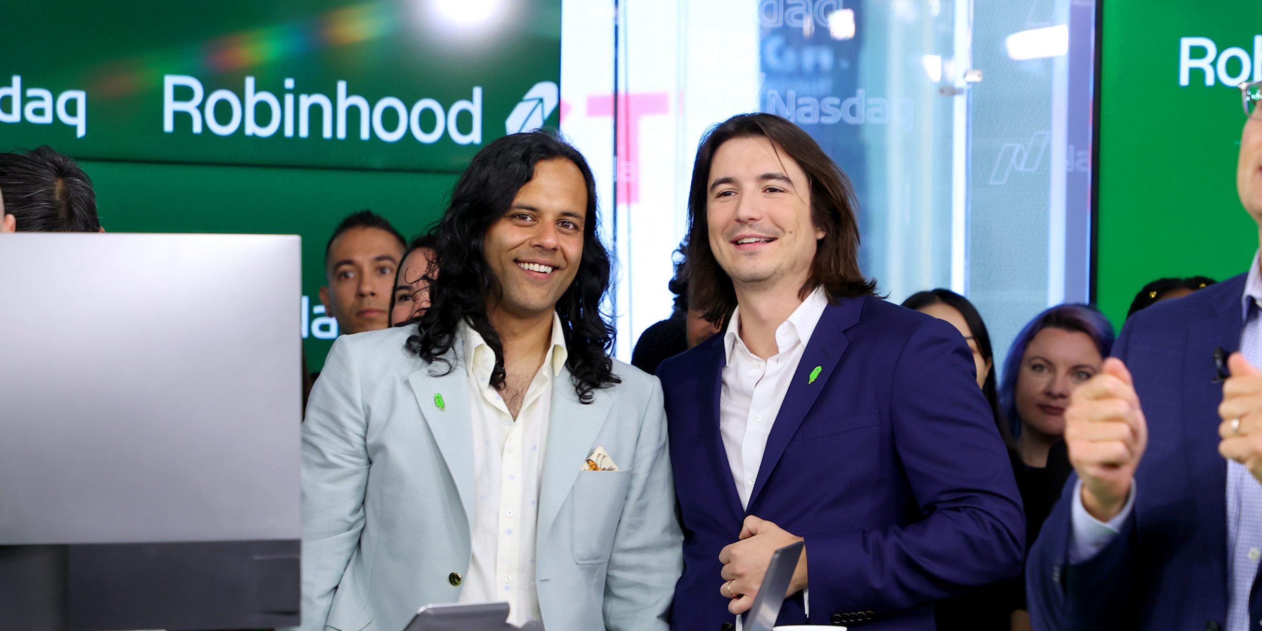 Baiju Bhatt and Vlad Tenev attend Robinhood Markets IPO Listing Day on July 29, 2021 in New York City. (Photo by Cindy Ord/Getty Images for Robinhood)