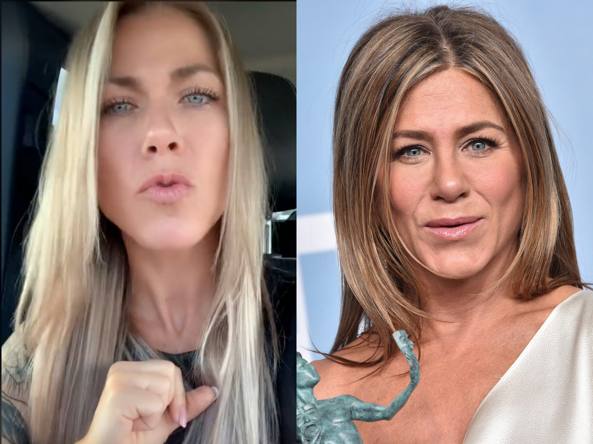 left: TikToker Lisa Tranel, a woman with light blonde hair, looking at the camera and sitting in her car; Right: Actress Jennifer Aniston on a red carpet. The two look visually similar.