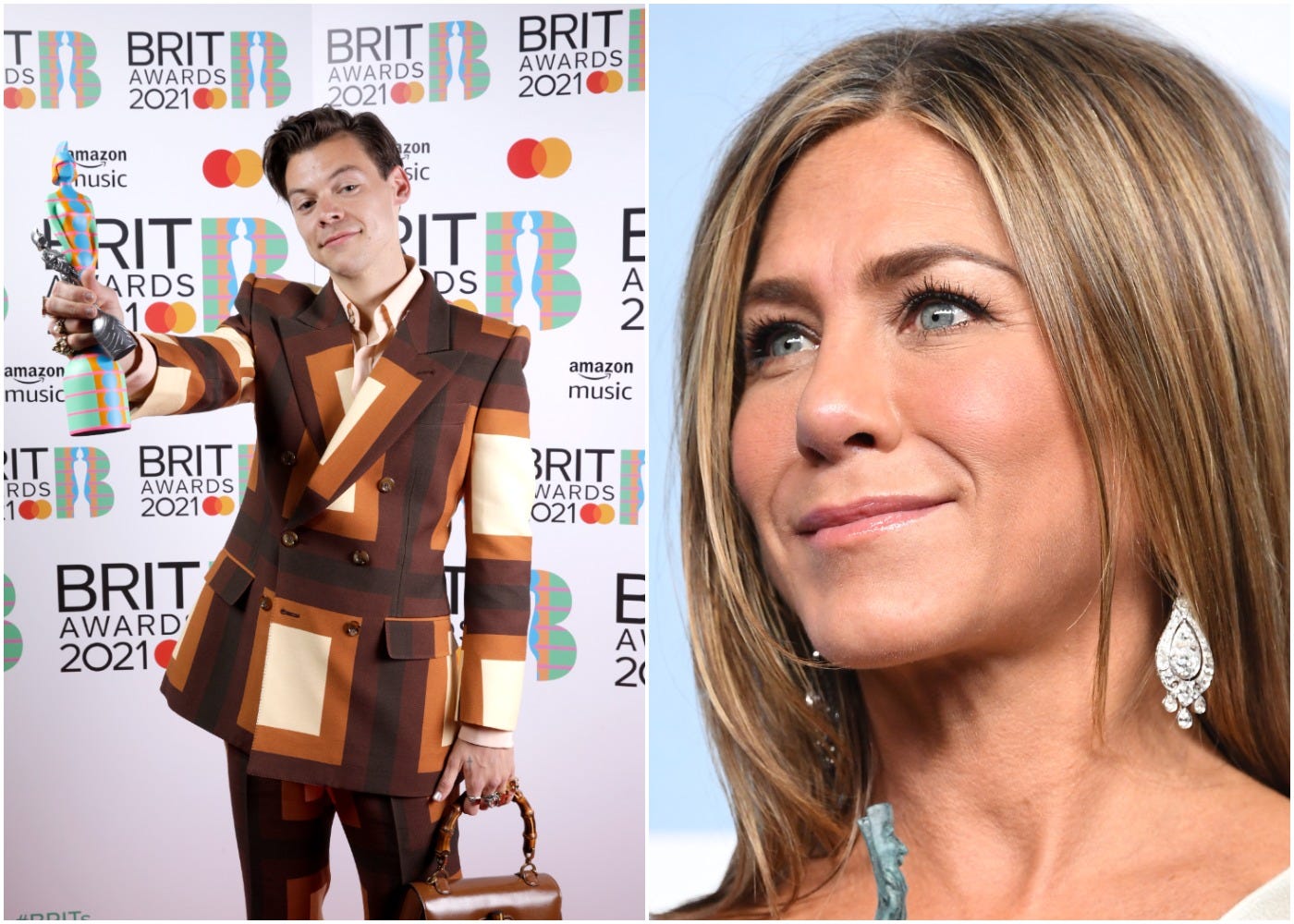 Harry Styles (left) wearing the suit worn by Jennifer Aniston (right) to the 2021 Brit Awards.