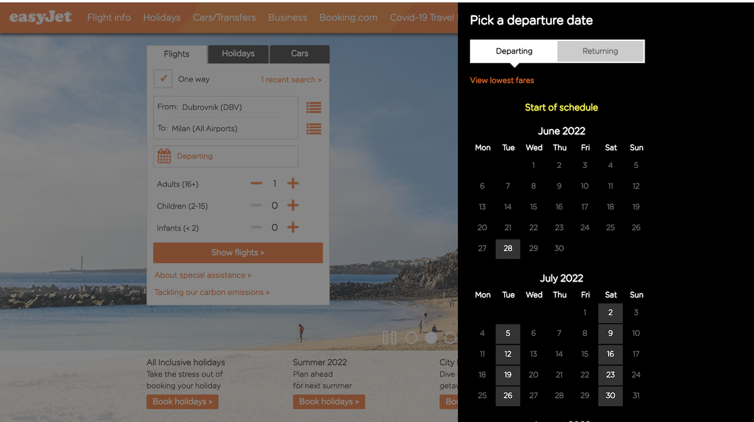 Screenshot of the flight calendar on EasyJet's website.