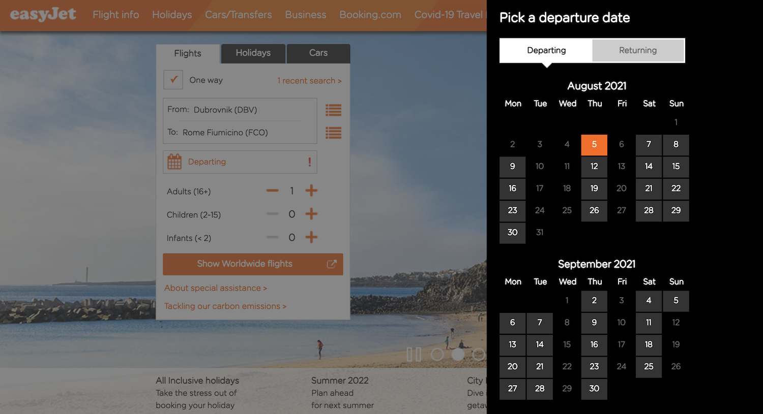 A screenshot of the flight calendar from Dubrovnik, Croatia to Rome, Italy, on EasyJet's website.