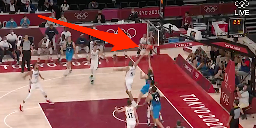 Nicolas Batum makes a game-saving block on Slovenia in the Tokyo Olympics.