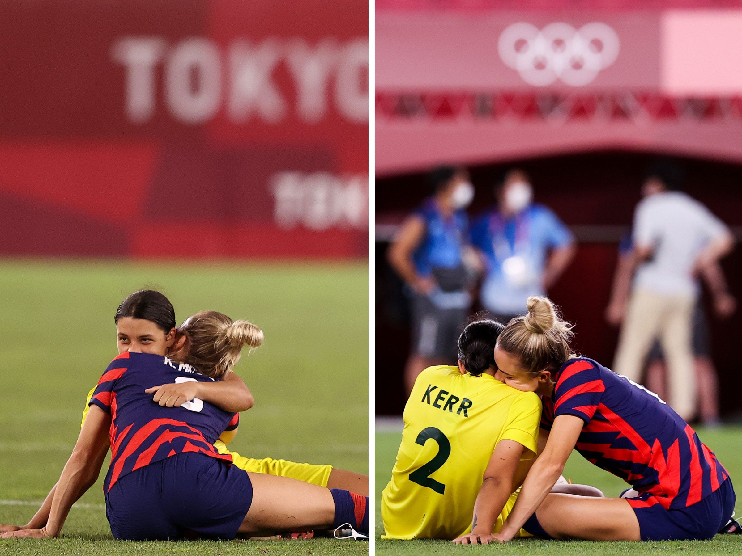 Sam Kerr and Kristie Mewis hug.