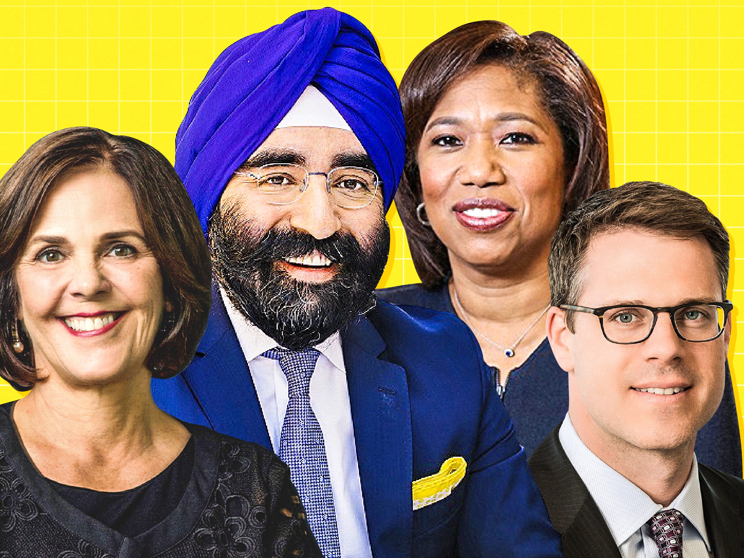 From left: Paula Volent, chief investment officer of The Rockefeller University, Jagdeep Singh Bachher, chief investment officer of University of California, Kim Lew, chief executive officer of the Columbia Investment Management Company, and Craig W. Smith, chief investment officer of Tufts University on a yellow background.