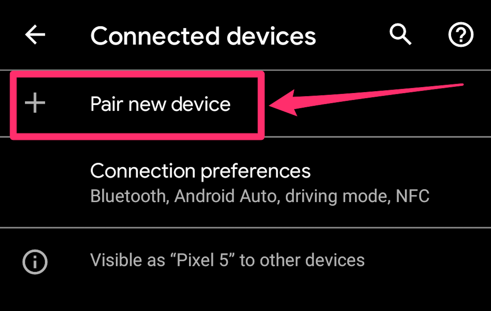 Screenshot of "Pair new device" Bluetooth screen on Android
