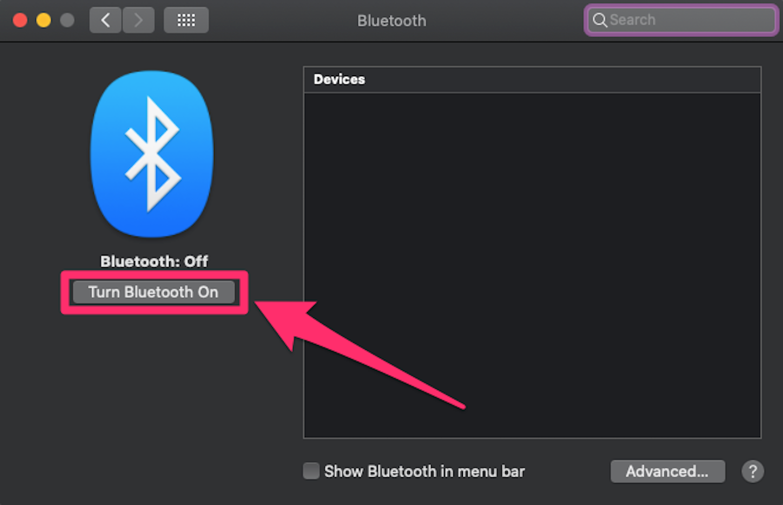 Screenshot of "Turn Bluetooth On" button in Mac System Preferences