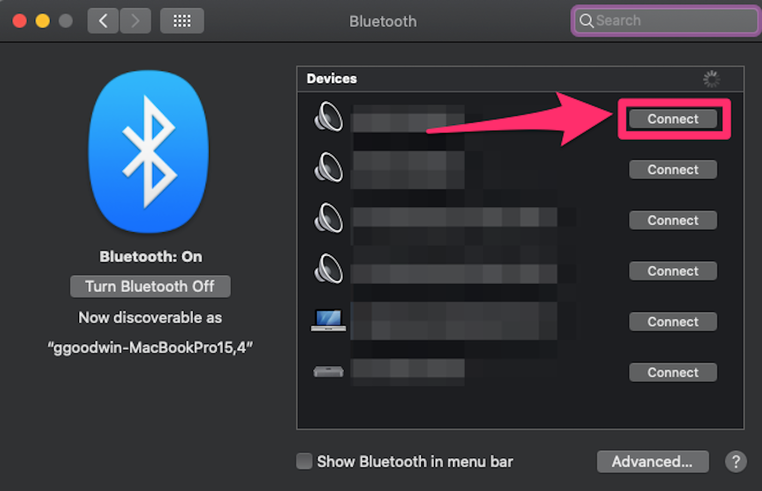 Screenshot of Bluetooth page in Mac System Preferences