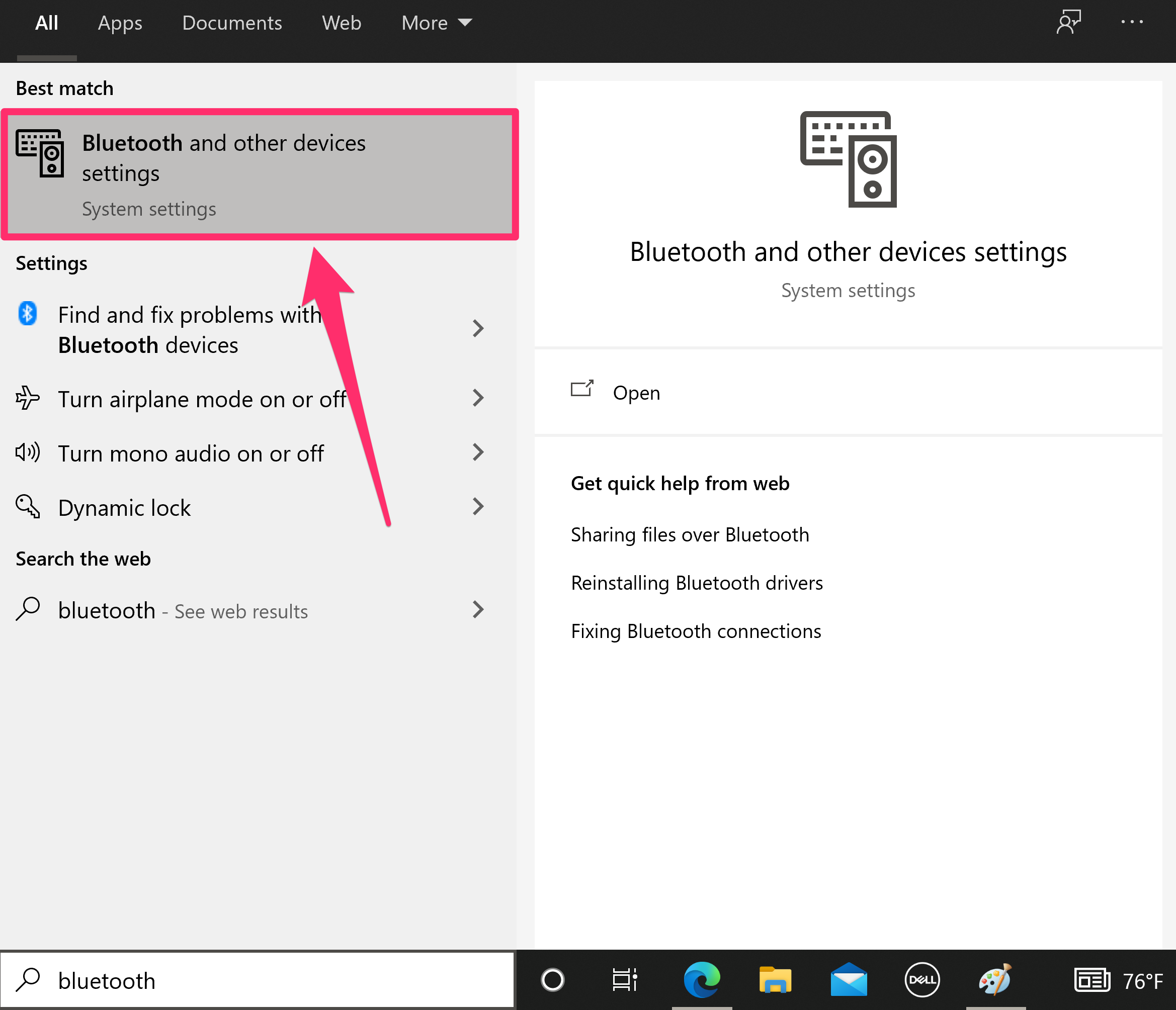 Screenshot of "Bluetooth and other device settings" result in Windows search bar