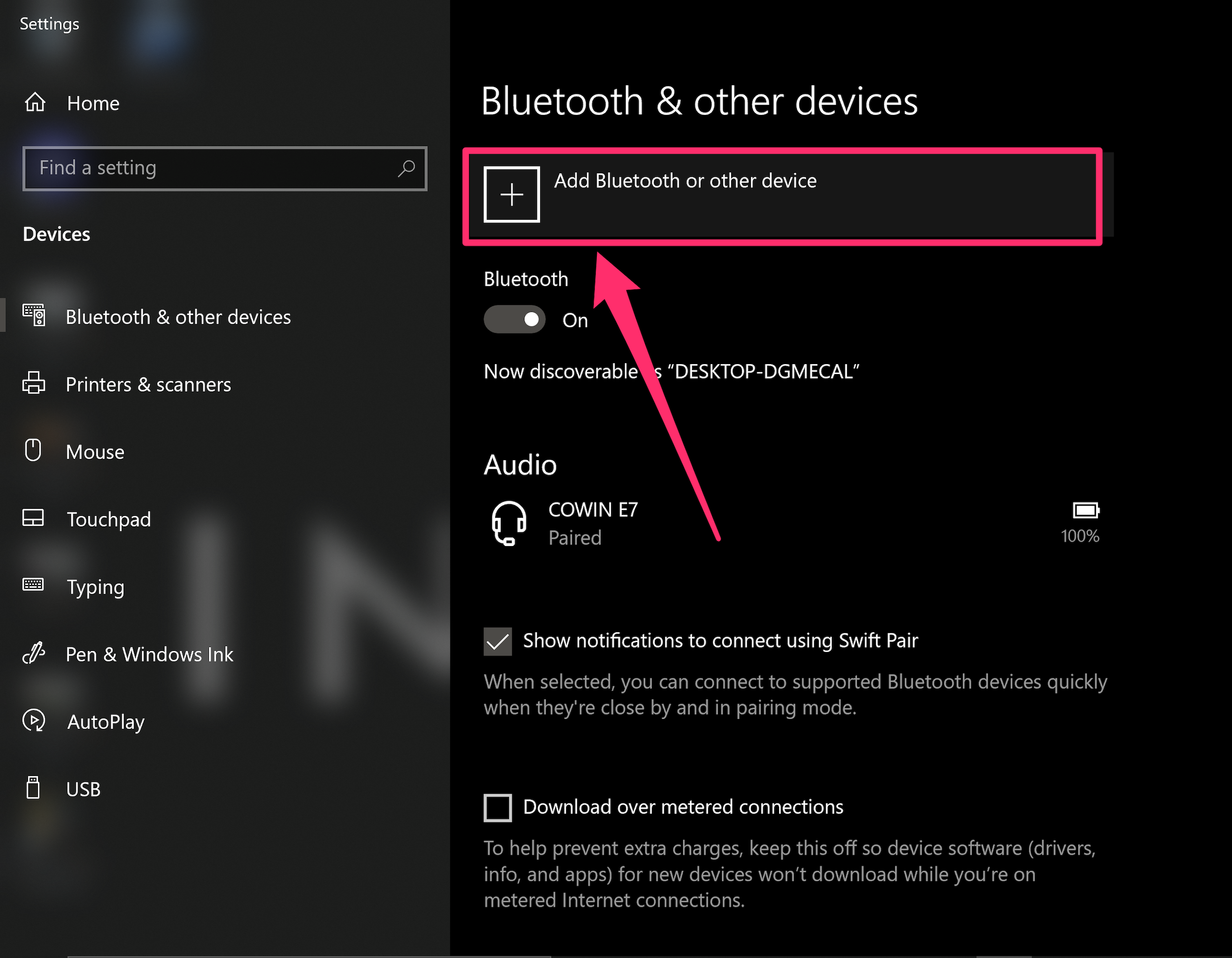 Screenshot of Bluetooth settings page on Windows
