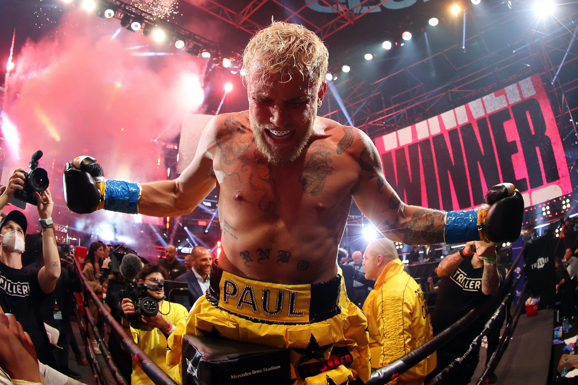 Jake Paul celebrates his latest win - a stunning knockout over Ben Askren.