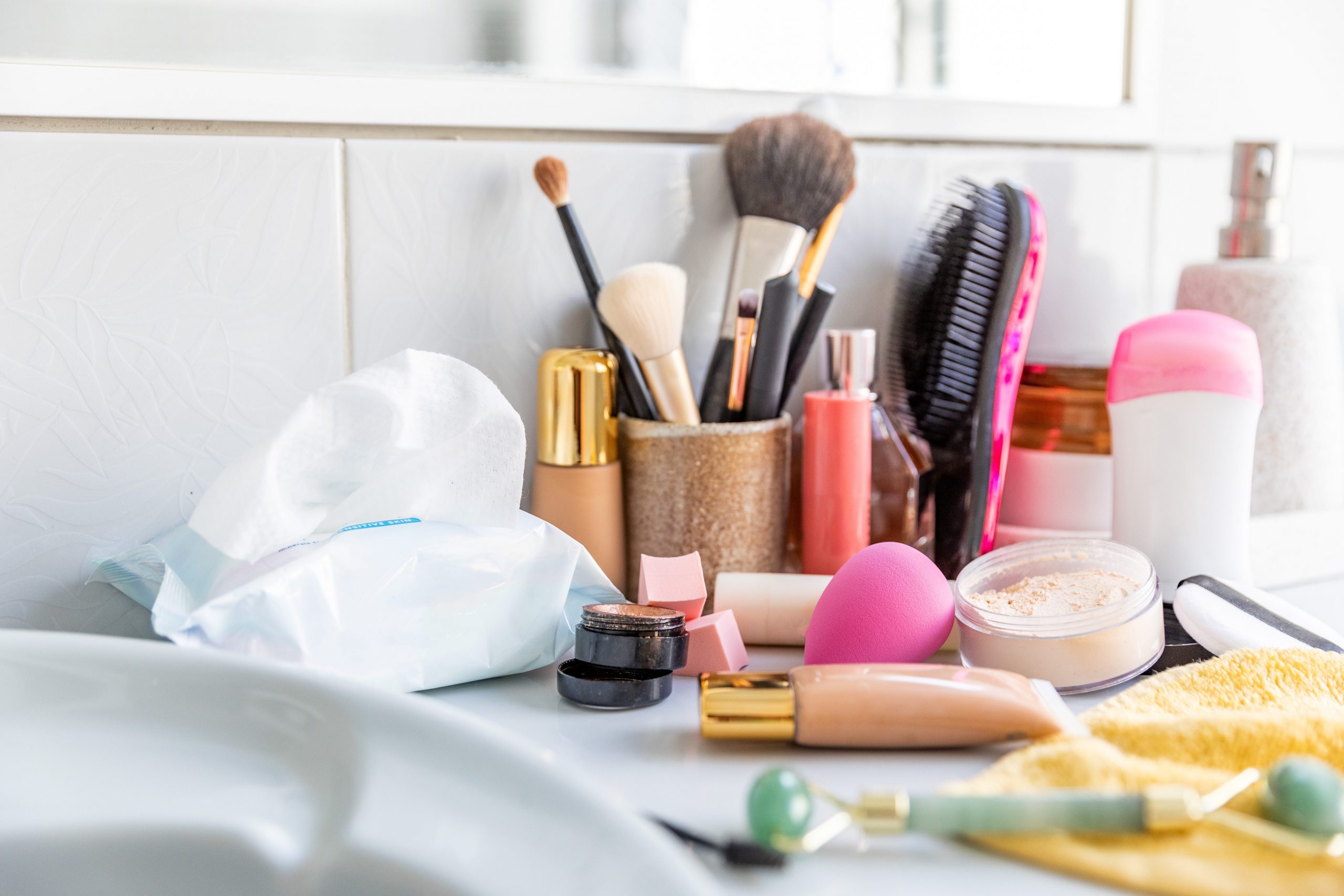 makeup on bathroom counter