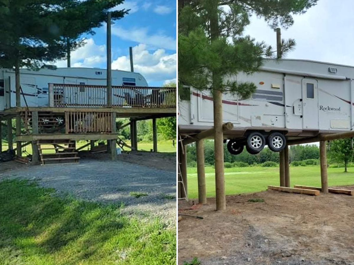 Images of a RV lofted on a platform in New Brunswick, Canada.