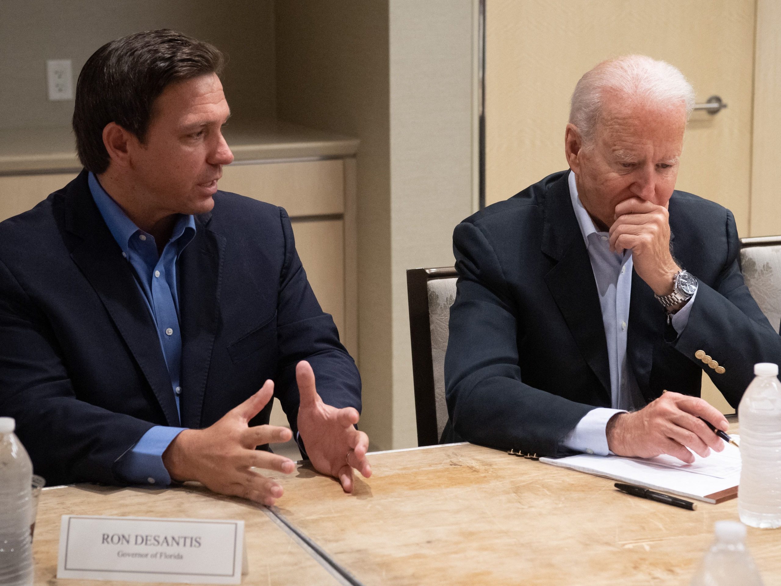 President Joe Biden and Florida Gov. Ron DeSantis at a meeting in Miami Beach Florida on July 1, 2021 following the collapse of the Champlain Towers South condo building in Surfside.