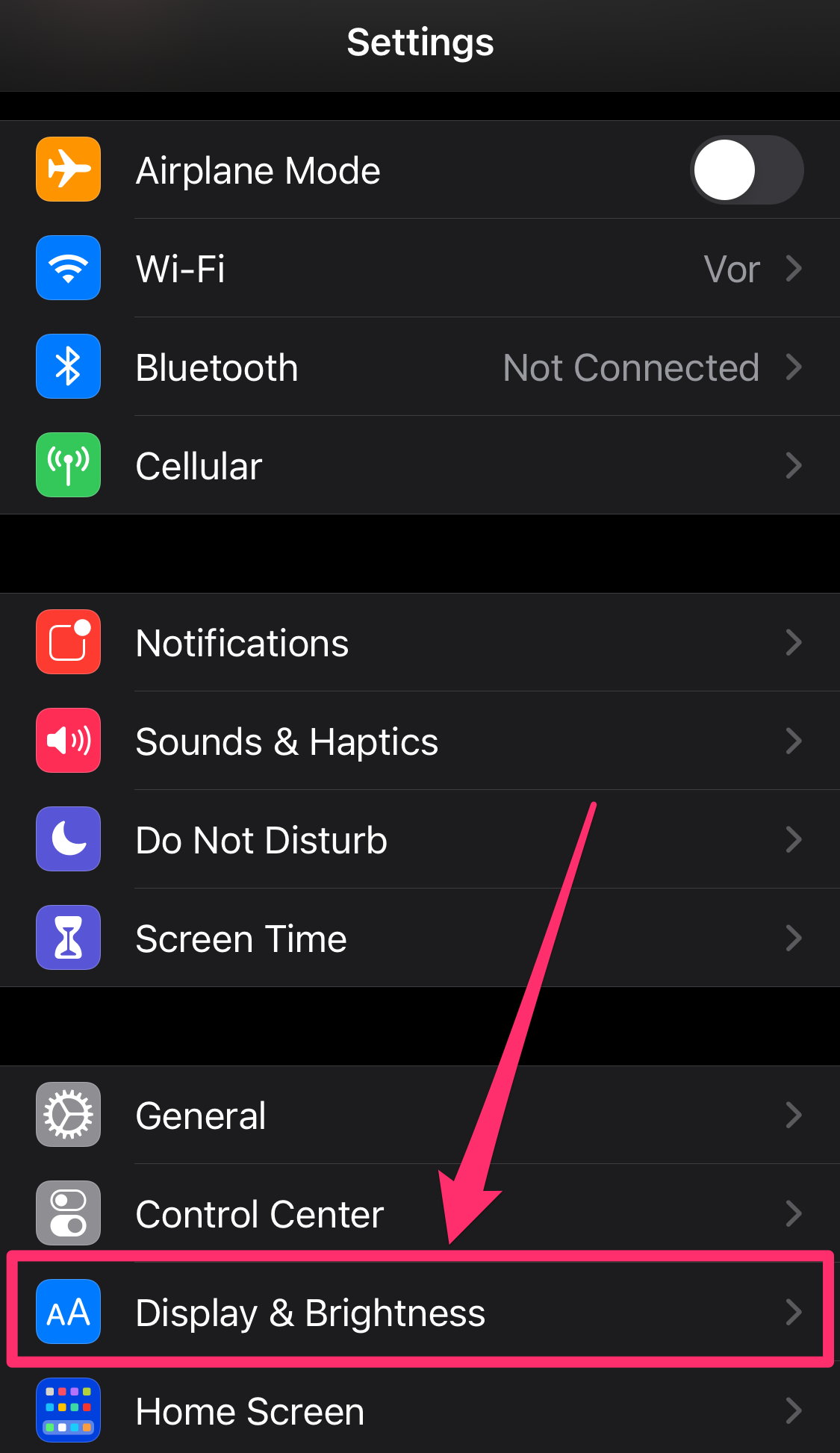 Screenshot of Settings app on iPhone