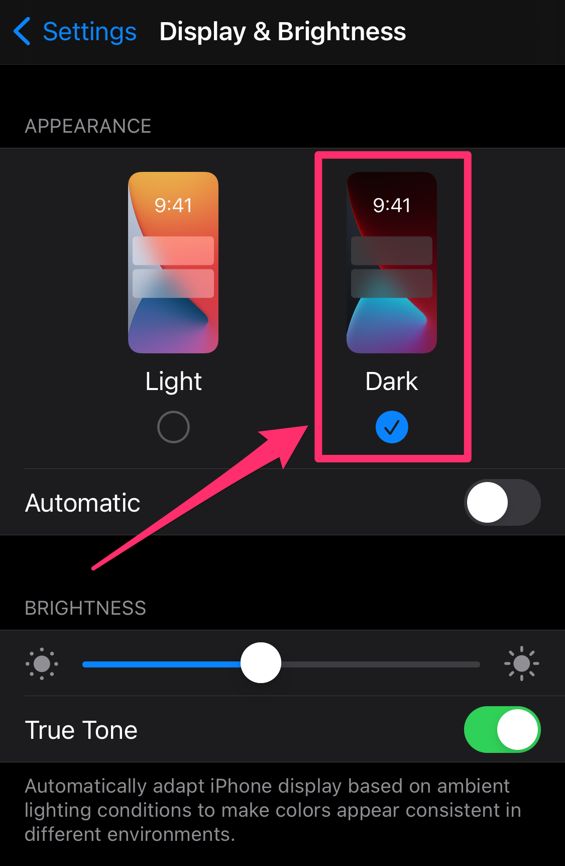 Screenshot of Display & Brightness page on iPhone Settings app