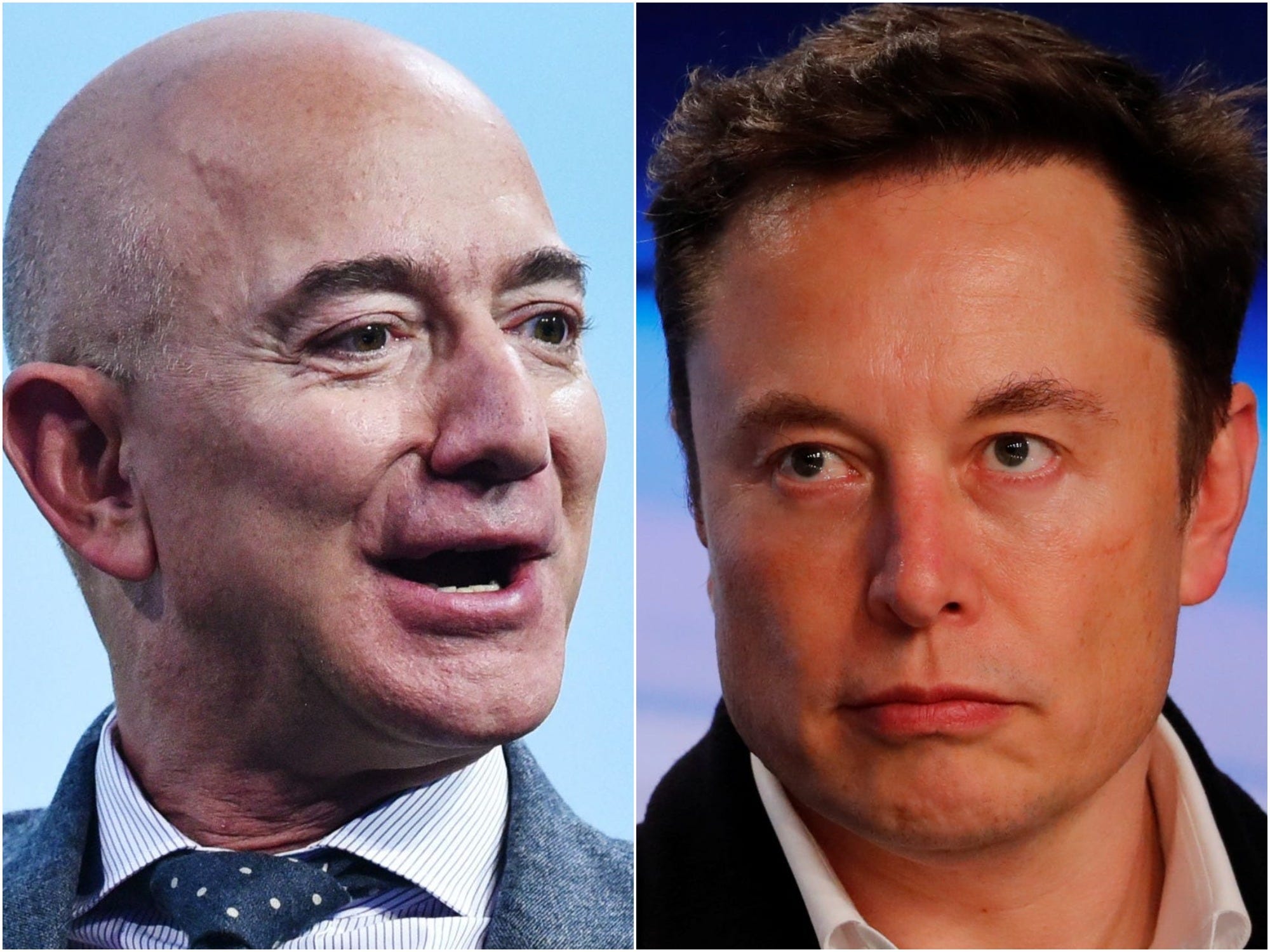 Side-by-side close-up photos of Jeff Bezos Elon Musk