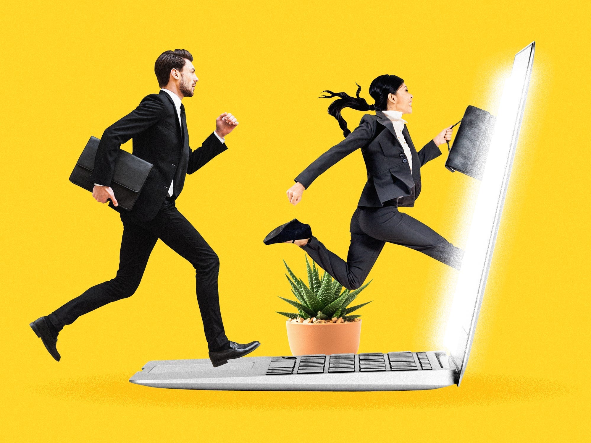 A photo illustration of businesspeople running toward a laptop.