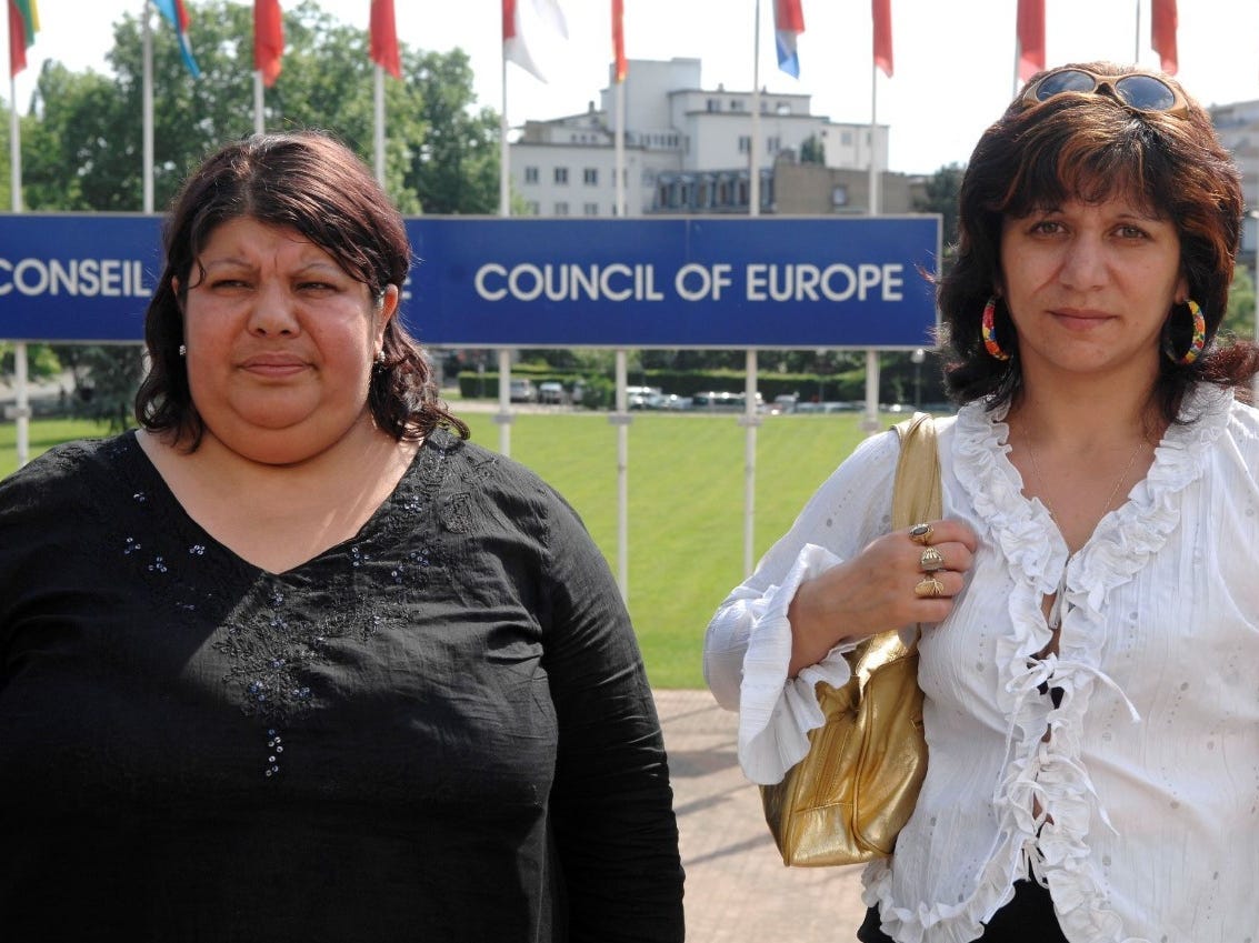 Roma activists Elena Gorolova (R) and Helena Baloghova (L), both victims of forced sterilization, are seen outside the Council of Europe in 2007 in the early days of their campaign.