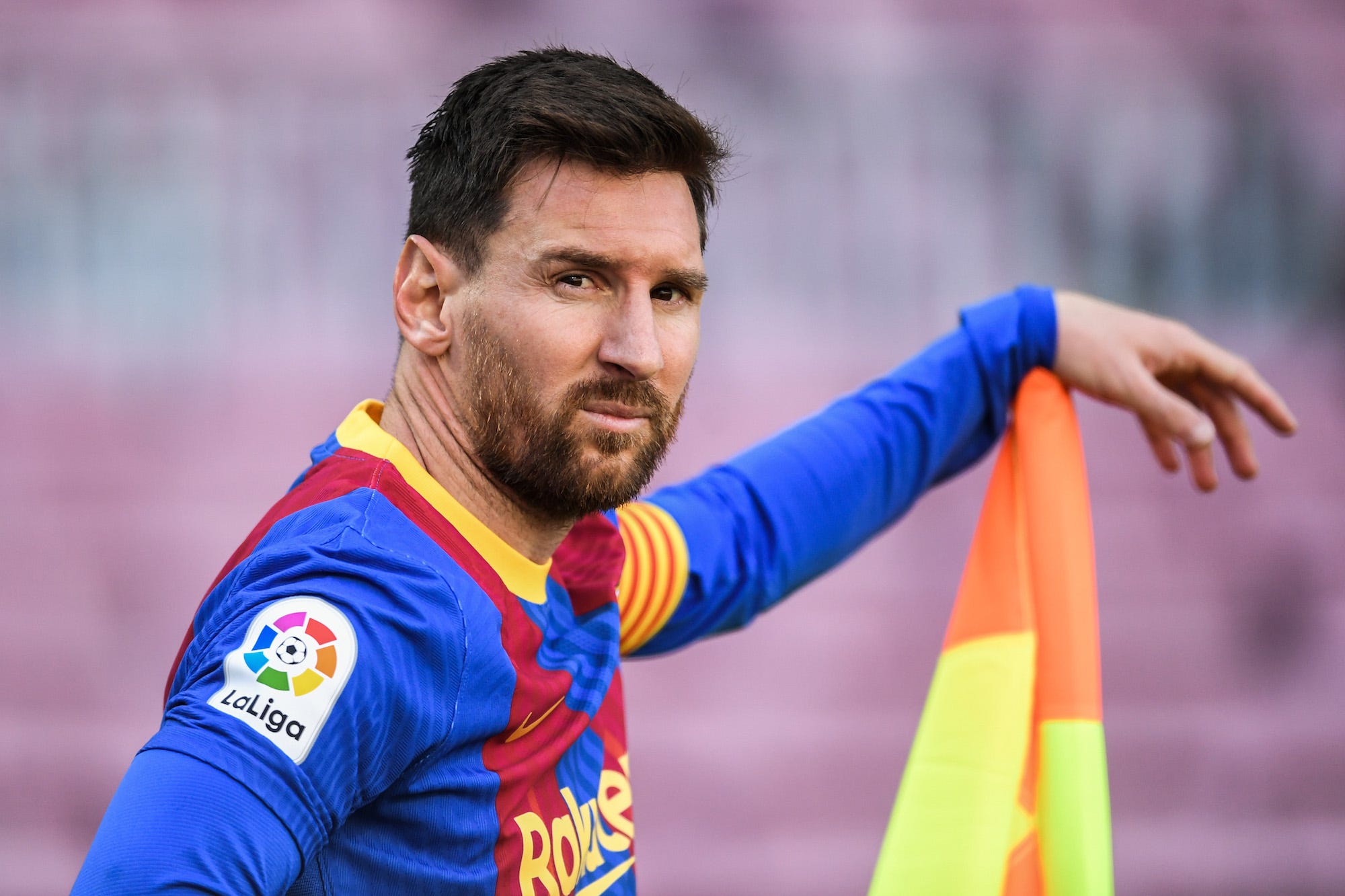 Lionel Messi of FC Barcelona looks on during the La Liga Santander match between FC Barcelona and Atletico de Madrid at Camp Nou