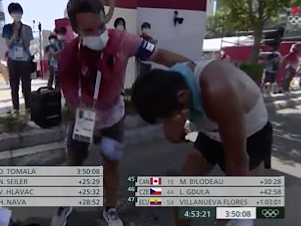 Claudio Villanueva Flores cries after finishing the 50km race walk at the Tokyo Olympics.