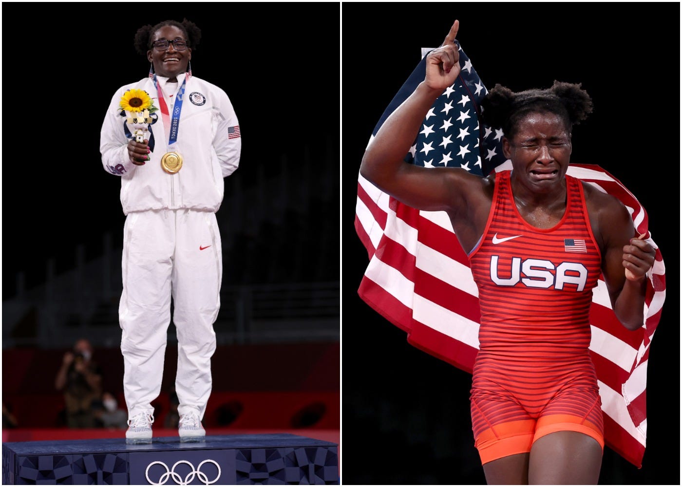 Team USA's Olympic gold medalist in wrestling Tamyra Mensah-Stock pictured wearing her gold medal on the podium and carrying the American flag after winning her match.